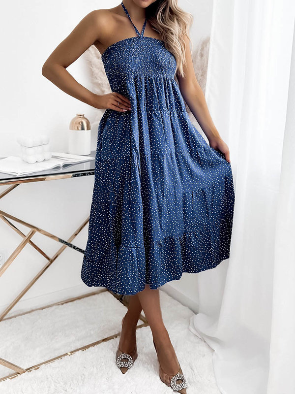 Женское миди-платье в кобальтовый горошек - Одежда