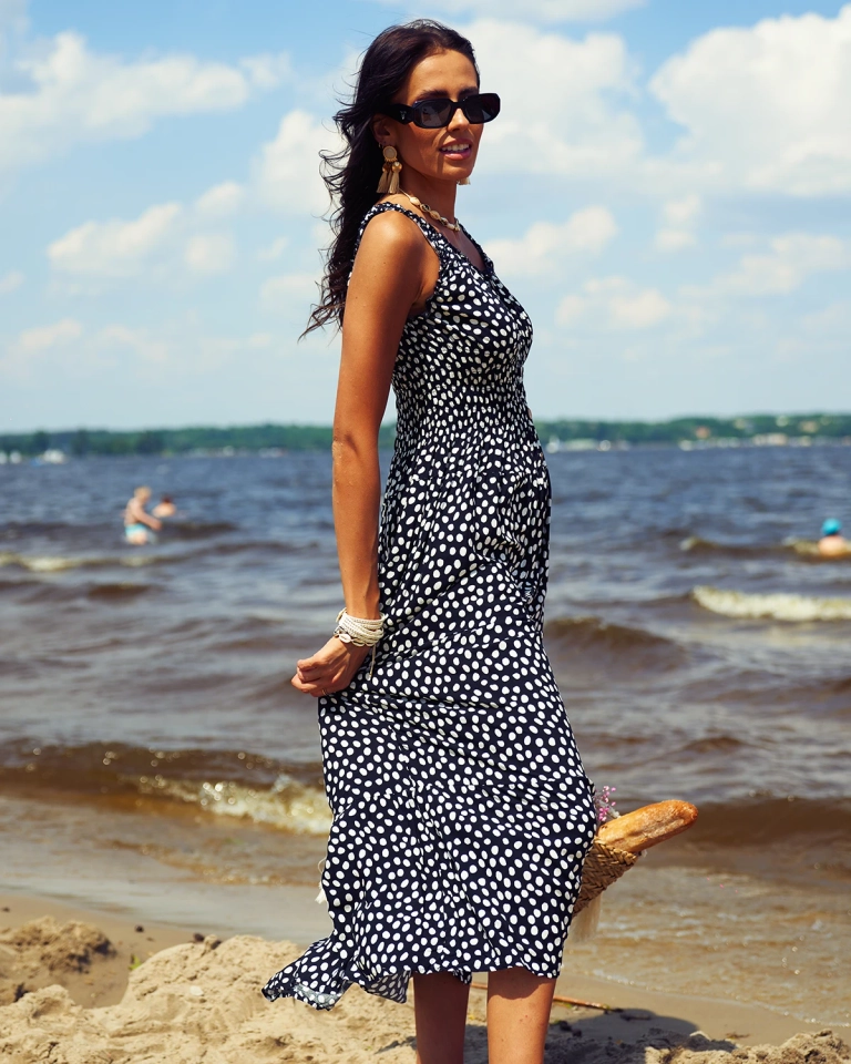 Royalfashion Женское черное длинное платье в горошек