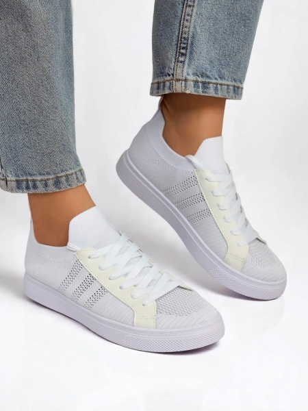 Aurelio White Fabric and Faux Leather Sneakers with Flat 2.5 cm Platform