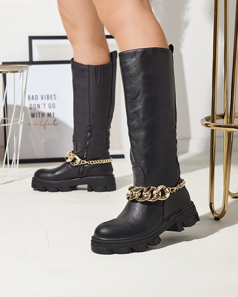 Черные женские сапоги с цепочкой Sudzi