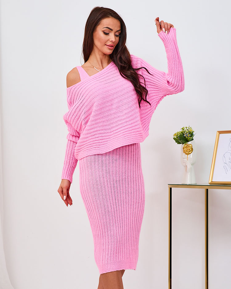 Royalfashion Розовый женский комплект с платьем и свитером
