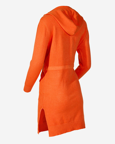 Oranžinės spalvos moteriškas megztinis su gobtuvu tunika – drabužiai