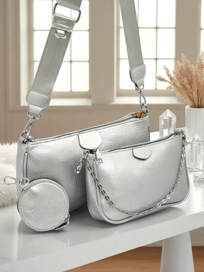 Aurelia Multi Silver – Torebka damska 3w1 z eko skóry z okrągłą saszetką