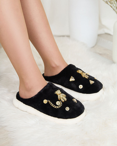 Royalfashion Черные женские меховые тапочки с орнаментом Erserra