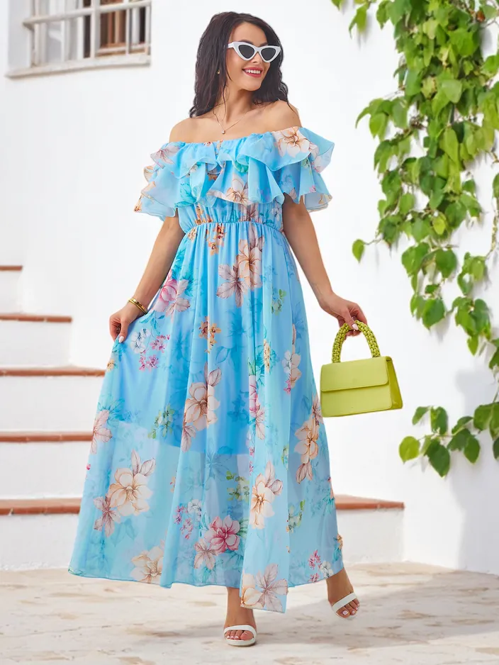 Royalfashion Moteriška su pečių suknelė su trumpomis rankovėmis įvairiais gėlių raštais