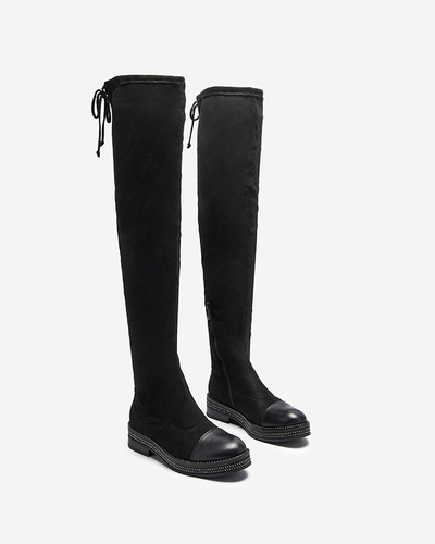 Черные женские сапоги на плоской подошве выше колена Meneii- Footwear