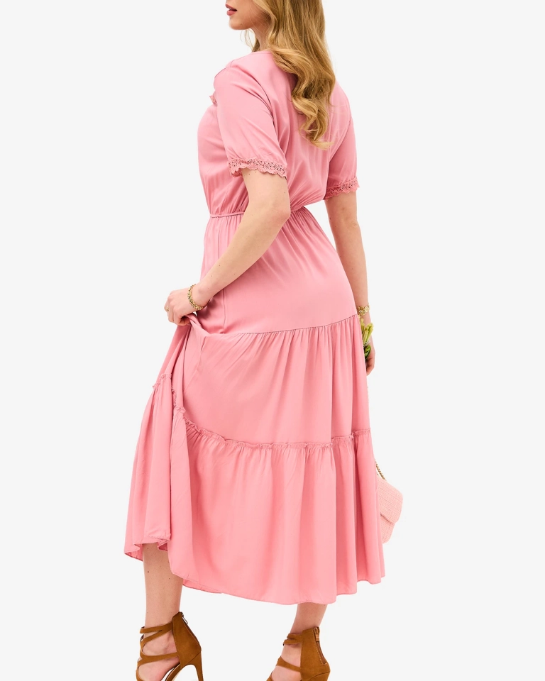 Розовое длинное женское платье с короткими рукавами - Одежда