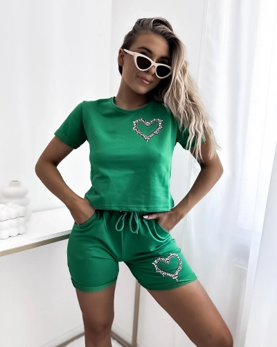 Royalfashion Темно-зеленый женский спортивный комплект из двух частей с цирконием