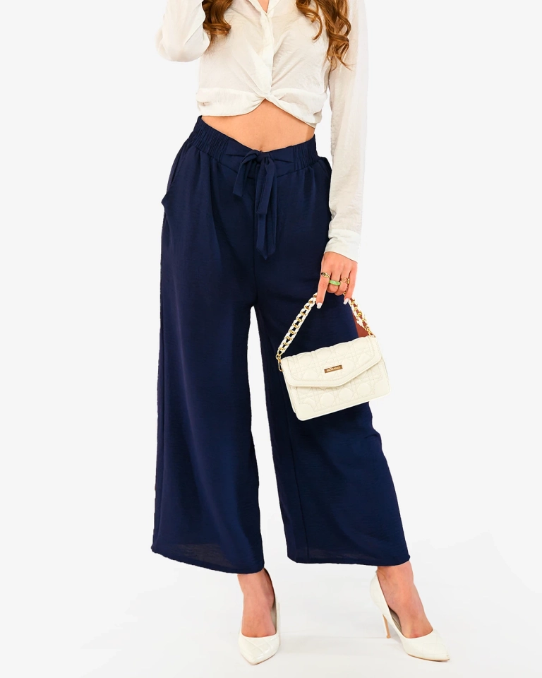 Tamsiai mėlynos spalvos moteriškos palazzo kelnės- Drabužiai