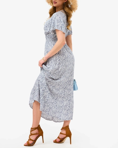 Цветочное серое женское платье с вырезом-конвертом - Одежда