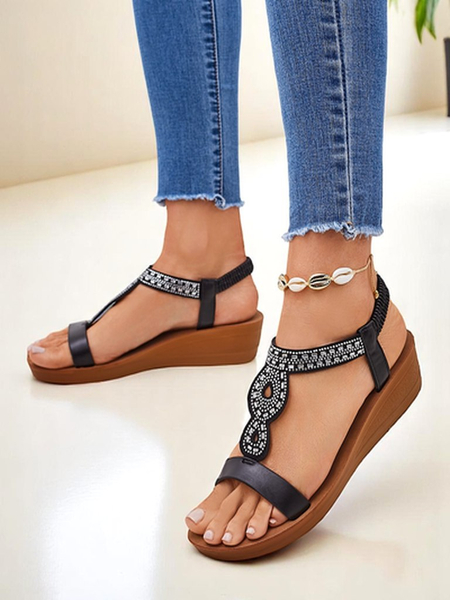 Sandały Koturny Perseida Royalfashion czarne z eko-skóry z kryształkami 4,5cm