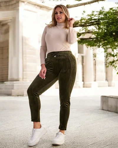 Женские велюровые спортивные костюмы темно-зеленого цвета PLUS SIZE- Одежда