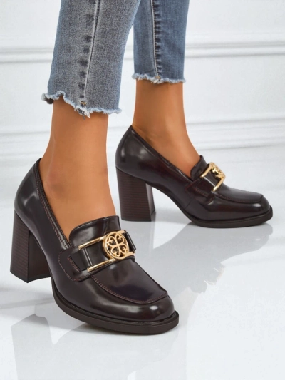 Loafersy Persephone Nero na słupku eko skóra złota klamra