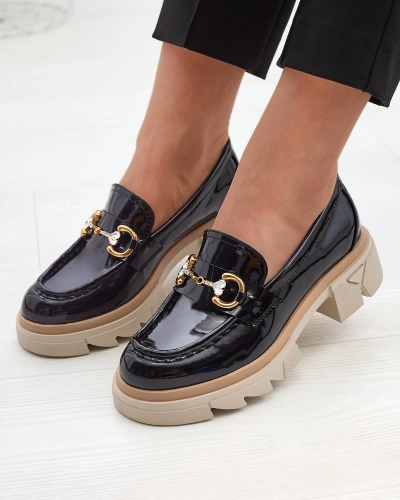 Lakuoti juodi moteriški mokasinai su kristalais Inriw - Avalynė