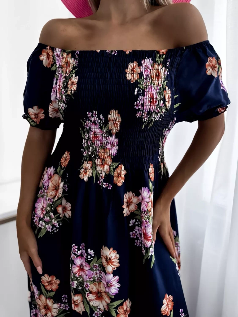 Tamsiai mėlyna moteriška midi suknelė su gėlių raštais - Apranga