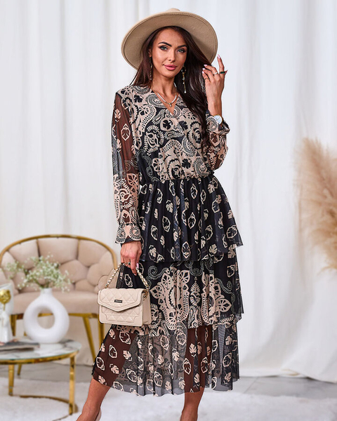 Royalfashion Juodos ir smėlio spalvos tinklinė midi suknelė su raštu