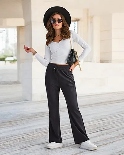 Royalfashion Navy blue moteriškos velvetinio audinio kelnės