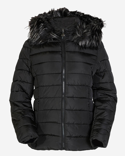 Juoda moteriška dygsniuota striukė su gobtuvu ir kailiu- Apranga