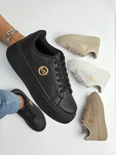 Damskie sneakersy platforma Perseida Royalfashion czarne skóra ekologiczna