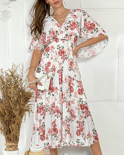 "Royalfashion" Moteriška plisuota gėlėta midi suknelė