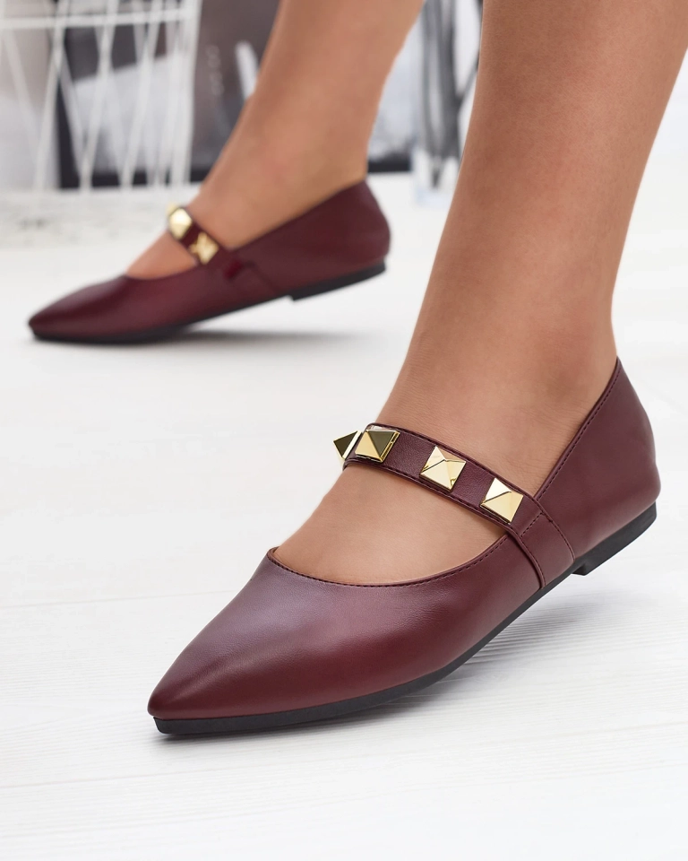 Бордовые женские балеринки на плоском каблуке с шипами Dejika - Обувь