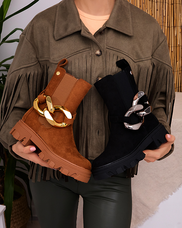 OUTLET Женские высокие сапоги с золотой цепочкой в верблюжьем цвете Elrudi - Обувь