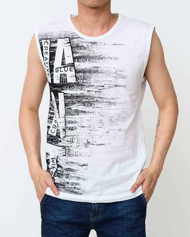 Мужская белая футболка без рукавов с принтом - Одежда