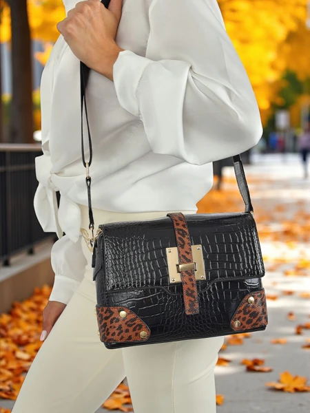 Callista Nero Bag - Faux Croc, Black-Brown