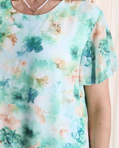 Женское платье длиной до колена с принтом и оборкой зеленого цвета- Одежда