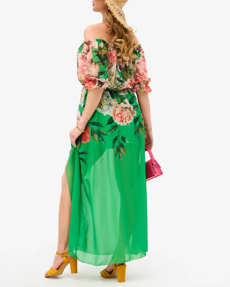 Зеленое женское длинное платье с цветочной подкладкой - Одежда