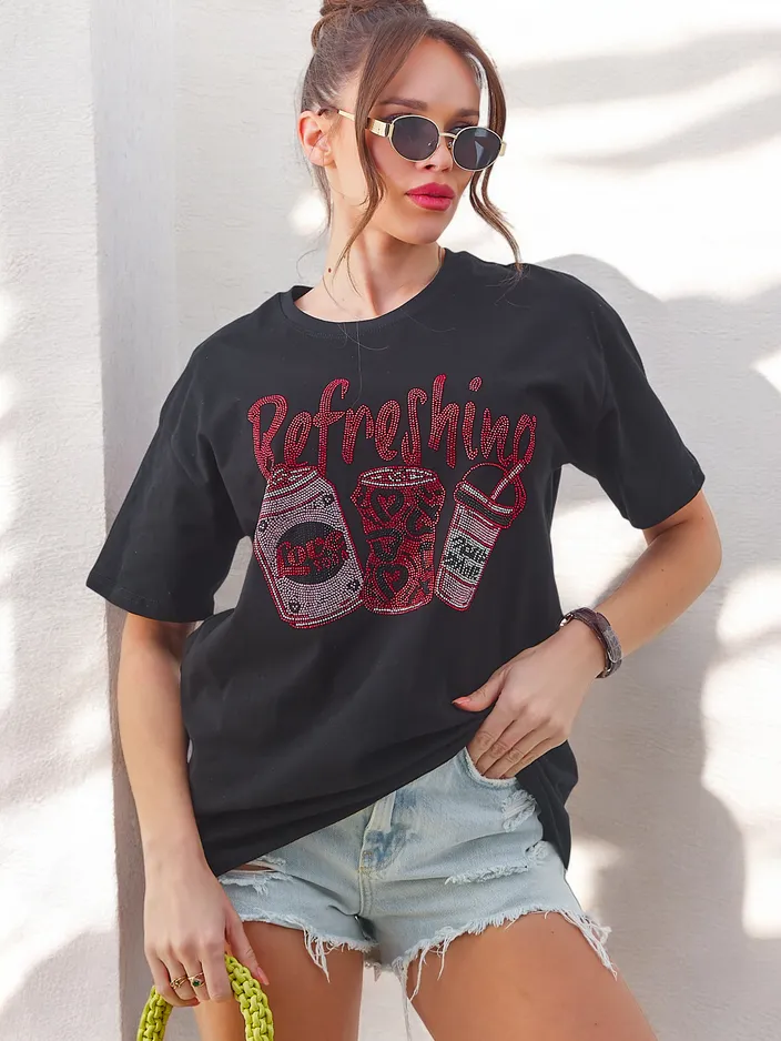 Royalfashion Женская хлопковая футболка с рисунком из страз