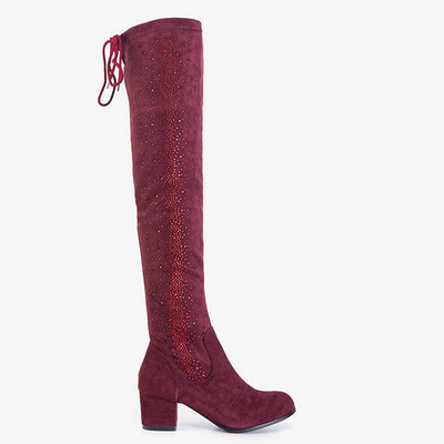 Bordowe damskie kozaki za kolano z cyrkoniami Scarlett - Obuwie