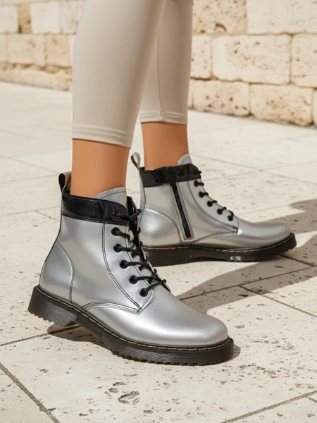 Celestina Eco Patent Leather Silver Ankle Boots with Zipper
