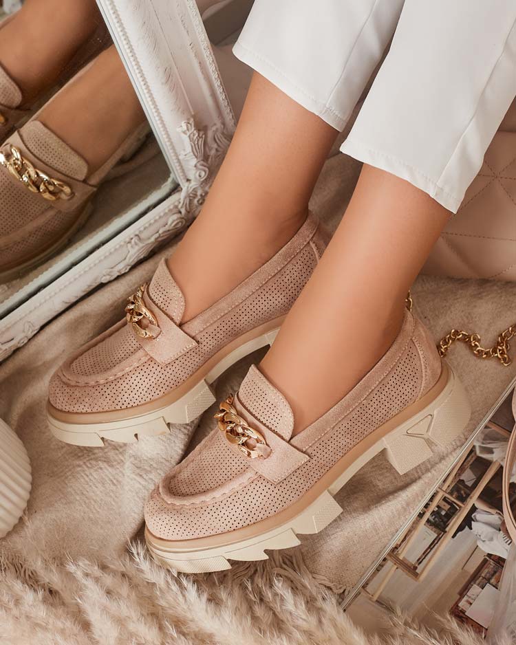 Šviesiai rudos spalvos ekovamzos mokasinai su aukso dekoru Zaffix- Avalynė