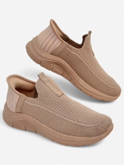 Selene Beige Slip-On Sneakers – Comfy Flat-Heeled Kicks for Ladies