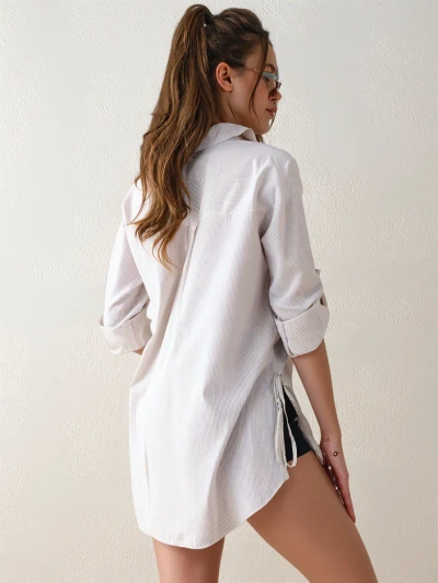 Royalfashion Более длинная женская полосатая хлопковая рубашка с завязкой на талии