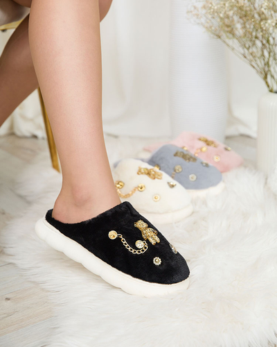 Royalfashion Черные женские меховые тапочки с орнаментом Erserra