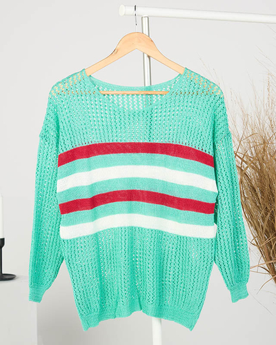 Ажурный женский свитер в полоску цвета мяты
