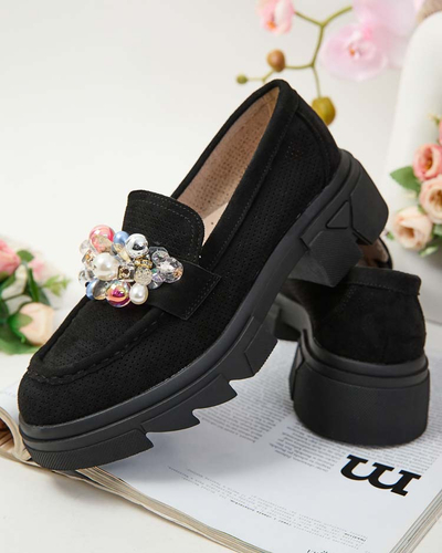 Royalfashion Черные женские мокасины с разноцветными кристаллами Glam
