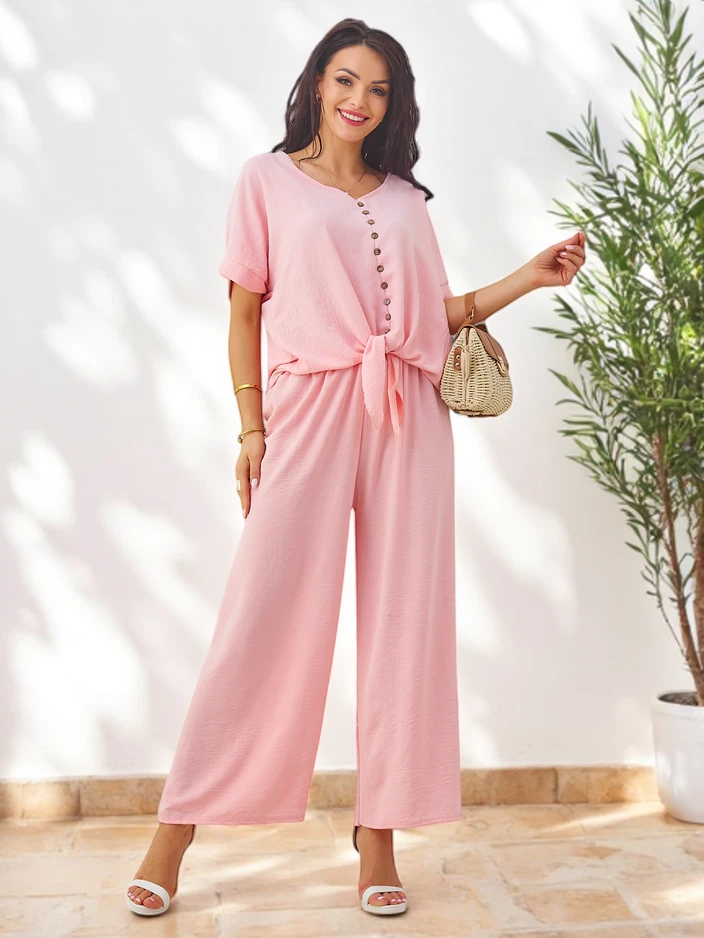 Женский casual комплект Royalfashion с блузой с коротким рукавом и широкими брюками