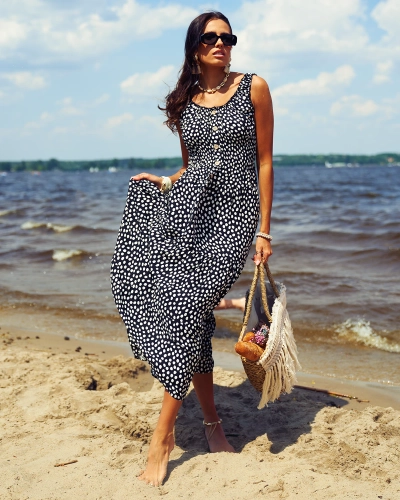 Royalfashion Женское черное длинное платье в горошек