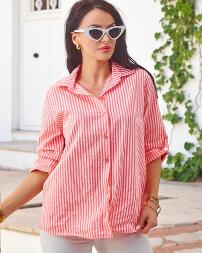 Женская полосатая хлопковая рубашка с завязкой внизу