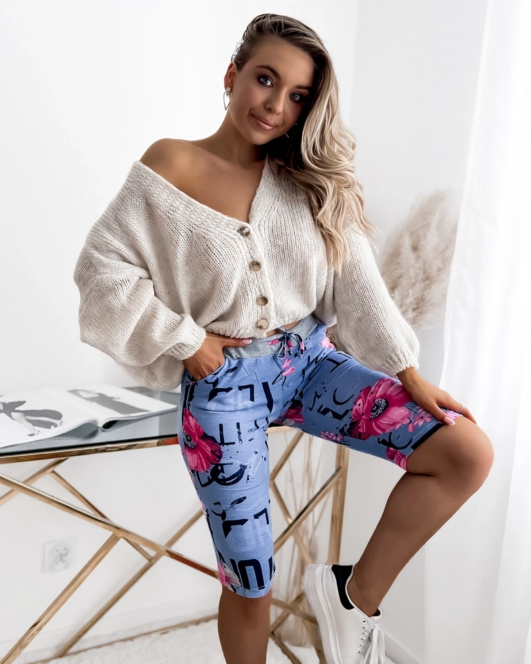 3/4 mėlynos ir rožinės spalvos moteriški šortai su PLUS SIZE raštu - Drabužiai