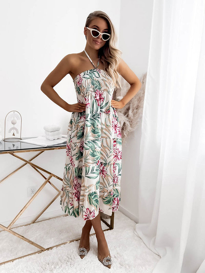 Белое женское платье-миди с цветочным узором - Одежда