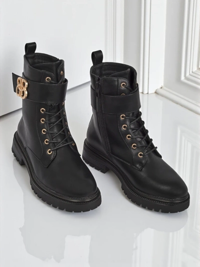 Artemisia Nero leather ankle boots with a round toe, zipper and gold buckle