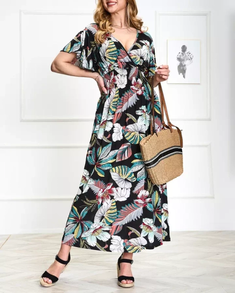 Moteriška juoda gėlėta midi suknelė - Apranga