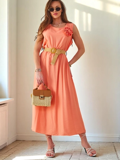 Платье миди Royalfashion для женщин с бретелями, круглый вырез с декоративным цветком