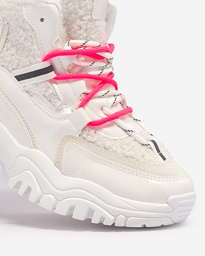 Белые женские спортивные кроссовки с мехом и неоново-розовыми шнурками Sagglo- Footwear