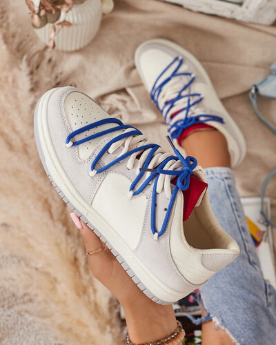 Baltai pilki moteriški sportiniai bateliai su tamsiai mėlynais raišteliais Olierinc - Avalynė