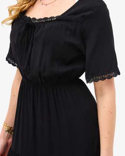 Черное длинное женское платье с короткими рукавами- Одежда